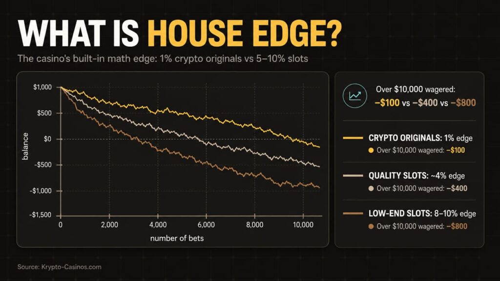 House edge infographic showing a line chart comparing 1% crypto originals, ~4% quality slots, and 8–10% low-end slots by player balance over 10,000 bets
