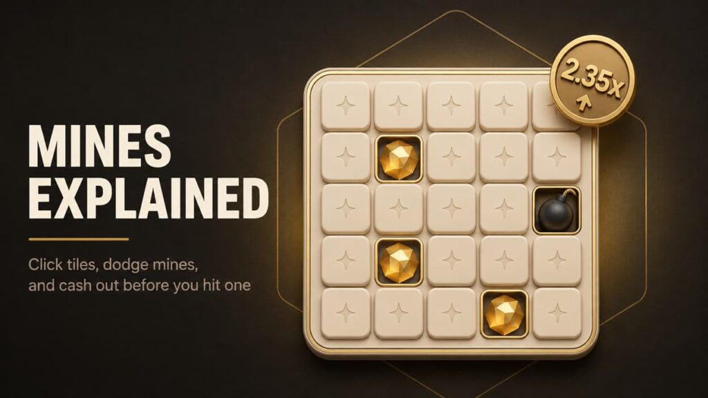 Crypto Mines game guide image showing a premium 3D 5x5 mines grid with gold gems, a charcoal bomb, and multiplier chip on Krypto-Casinos.com