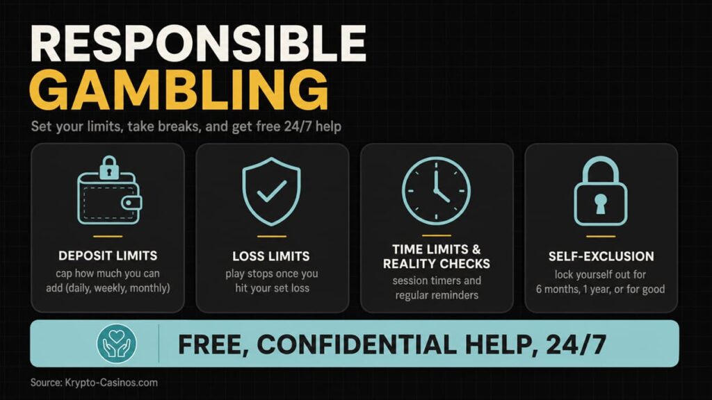 Responsible gambling infographic showing deposit limits, loss limits, time limits, reality checks, self-exclusion tools, and free confidential 24/7 help for safer casino play