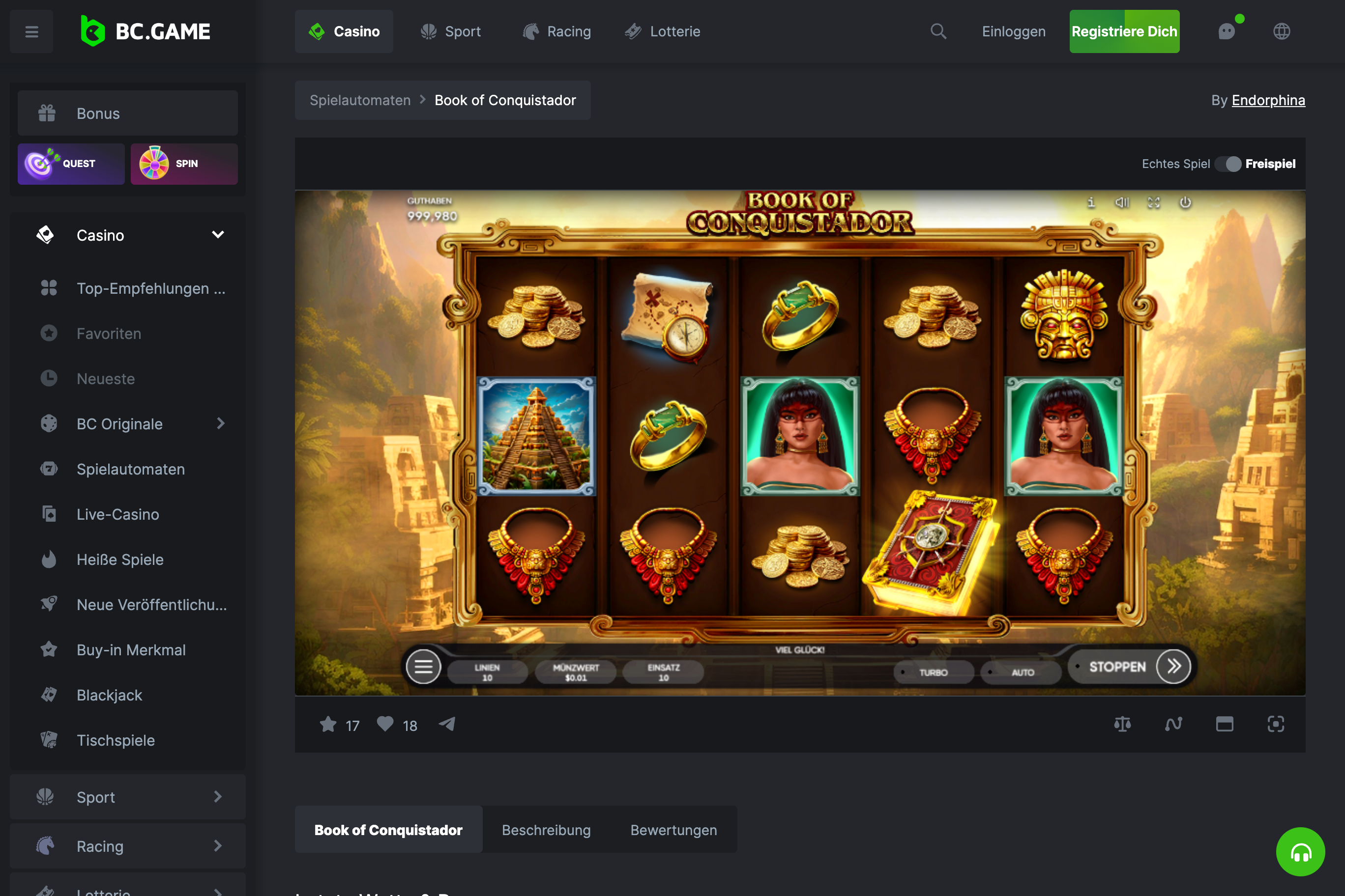 Screenshot beim Drehen eines Casino-Slot Spiels auf BC.Game