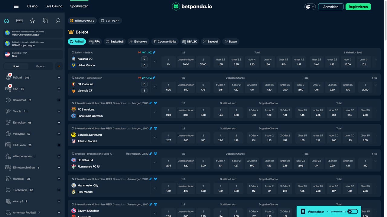 Screenshot der Sportwetten auf Betpanda.io