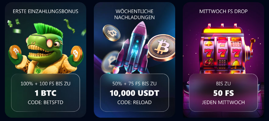 Auf dem Bild werden No-Deposit Bonusse von bets.io angezeigt: 100% bis zu 1 BTC und 100 Freispiele mit dem Code BETSFTD, 50% Reload Bonus bis 10.000 USDT mit 75 Freispielen mit dem Code RELOAD und jeden Mittwoch bis zu 50 Freispiele über einen Zufallsgenerator.