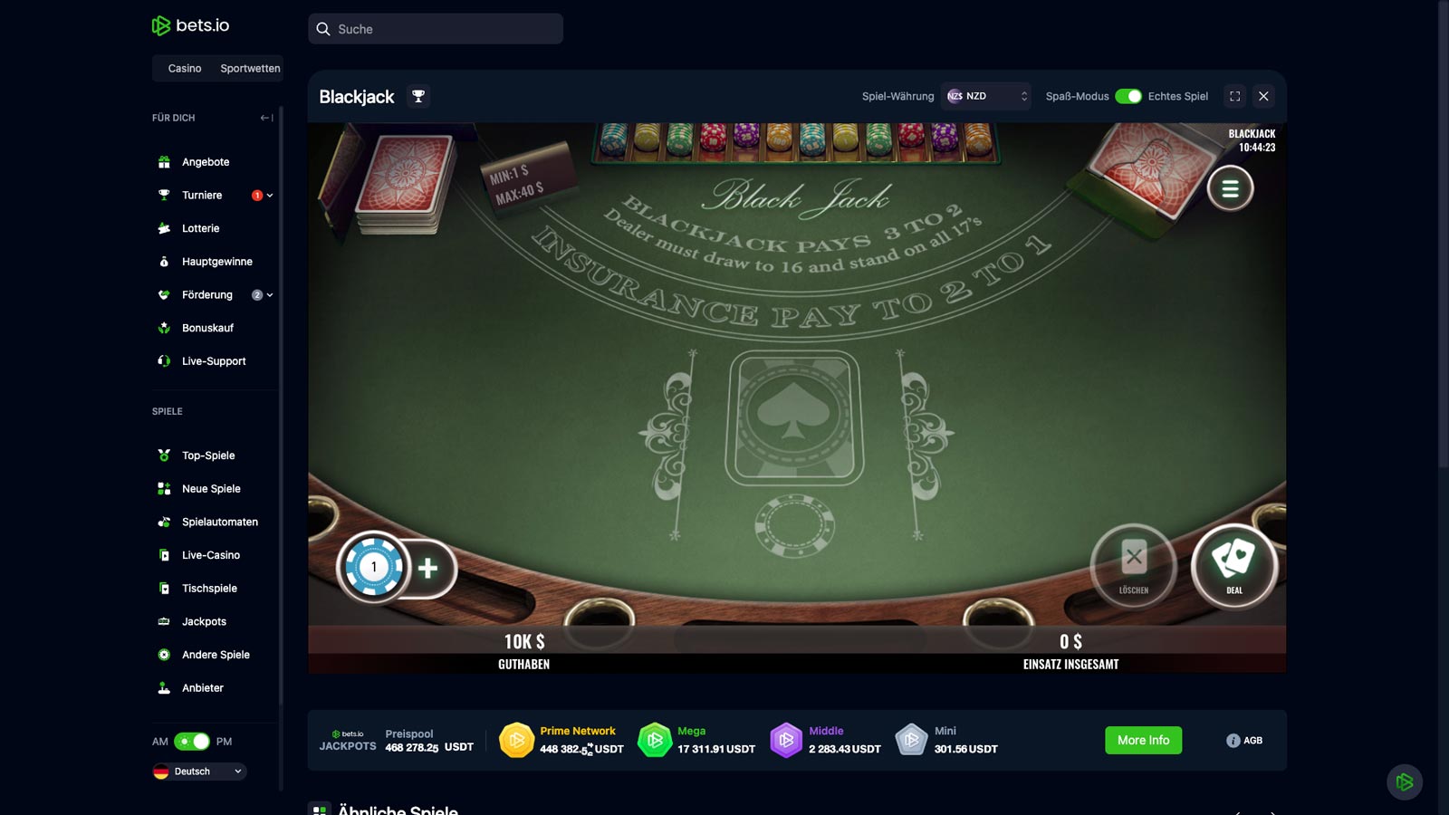 Screenshot von einem Blackjack Tisch auf bets.io