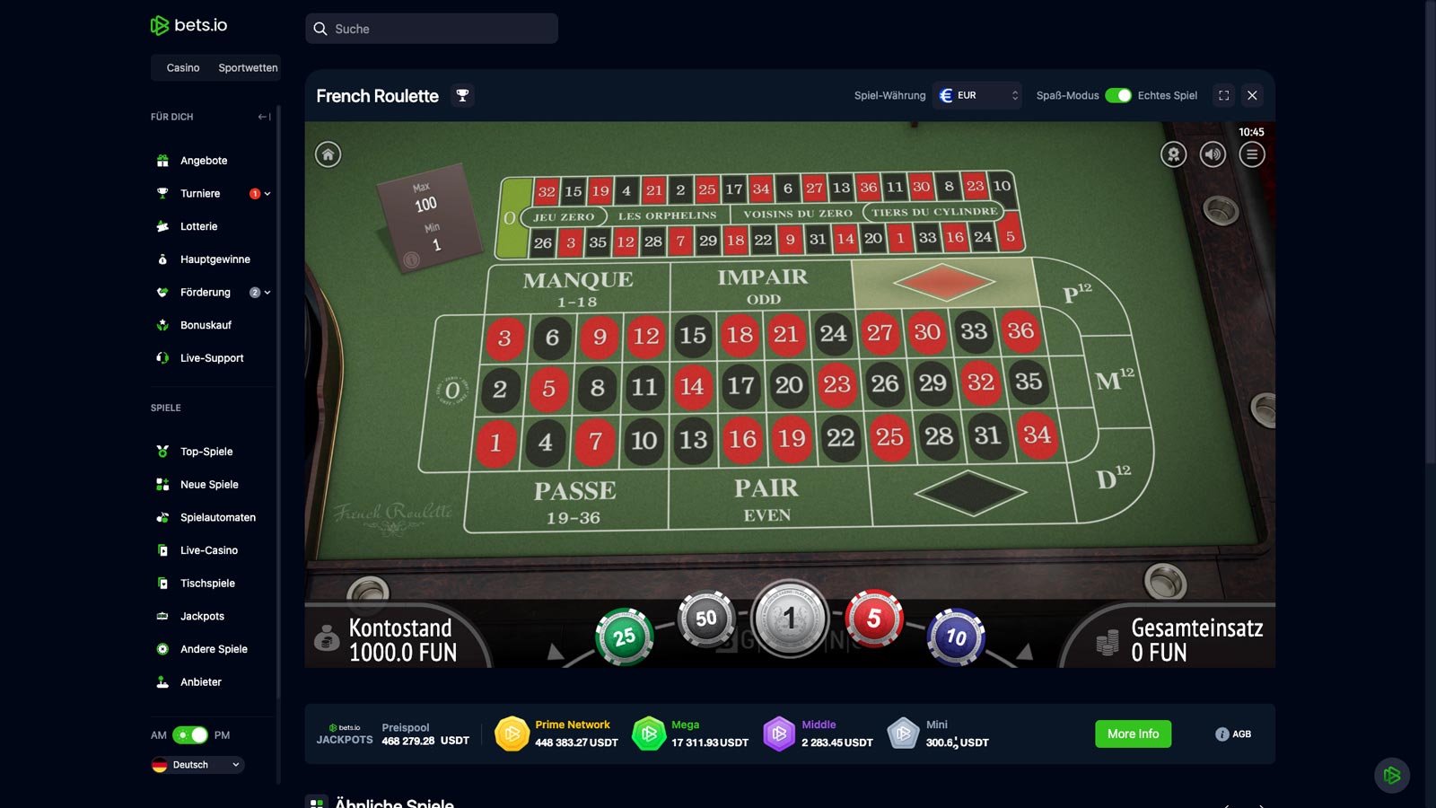 Screenshot eines Roulette Tisch auf bets.io