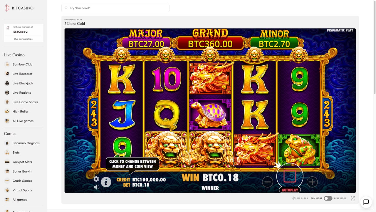 5 Lions Spielautomat bei Bitcasino.io