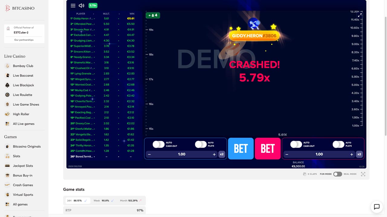 Gewinn bei einem Crash Game auf Bitcasino.io