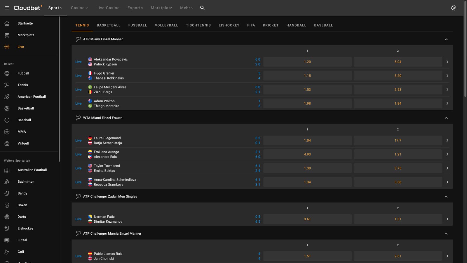 Cloudbet Sportwetten Screenshot