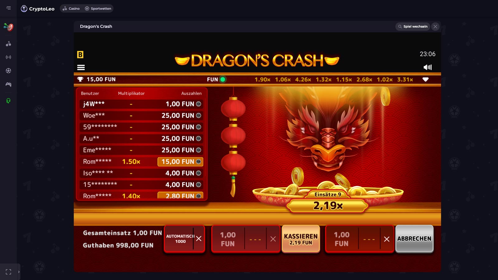 Dragon's Crash auf CryptoLeo