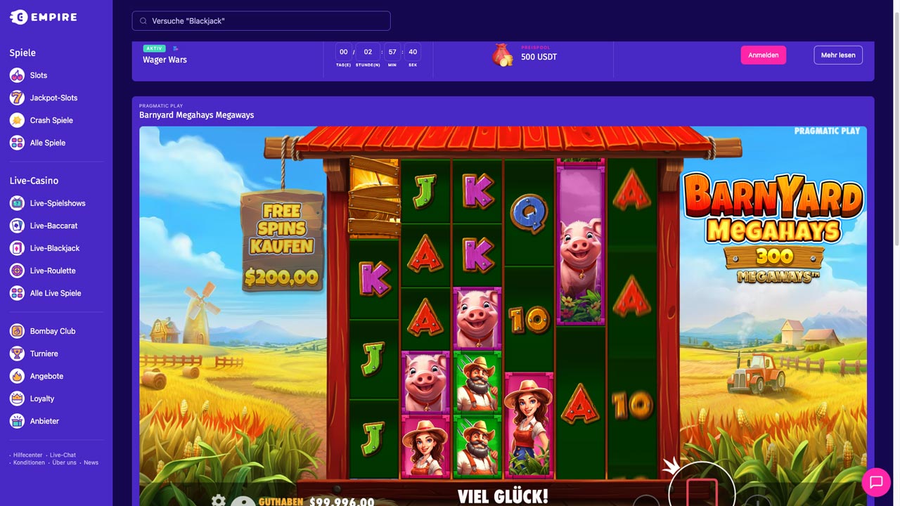 Screenshot vom Slots Spiel Barn Yarn Megahays im Empire Casino.