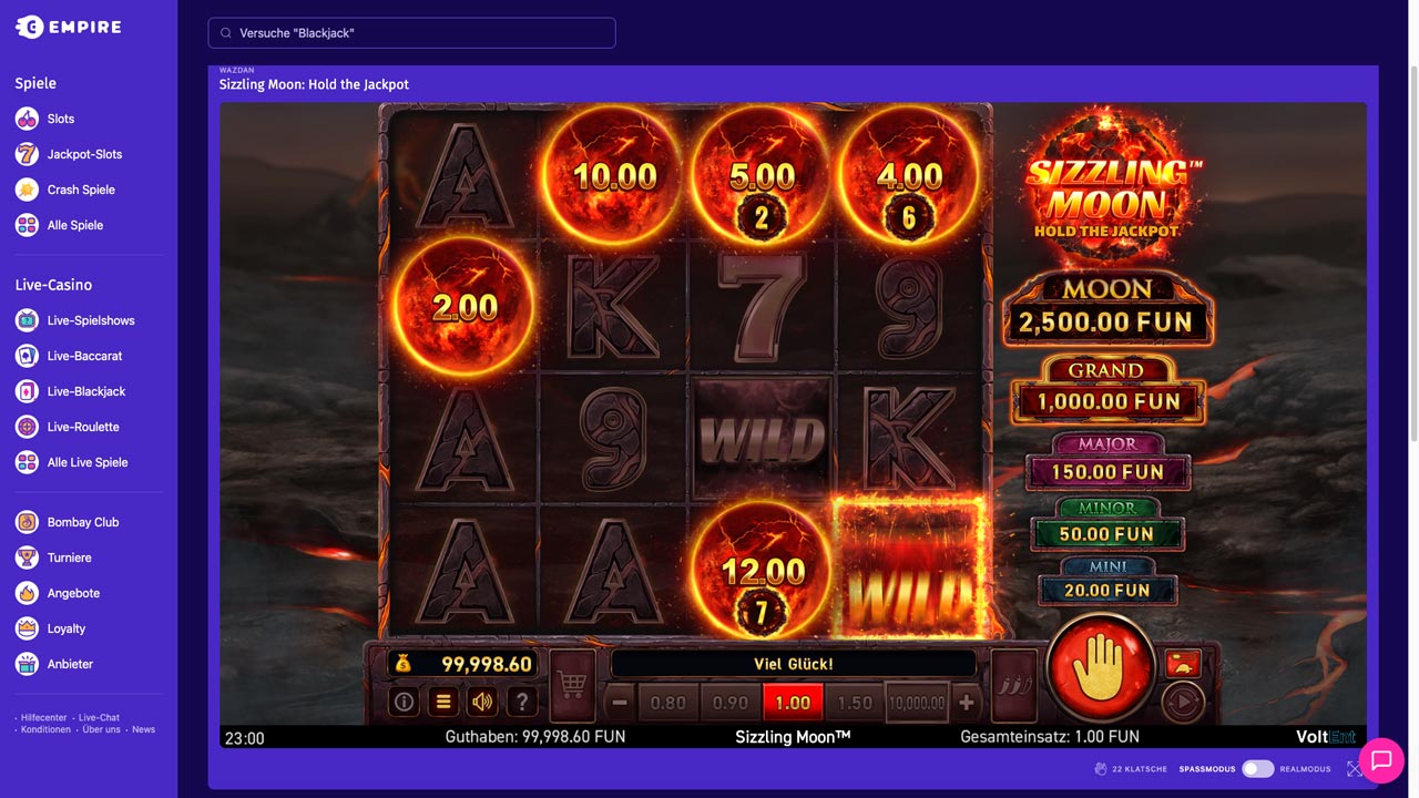 Screenshot vom Sizzling Moon Jackpot Spielautomaten auf Empire.io