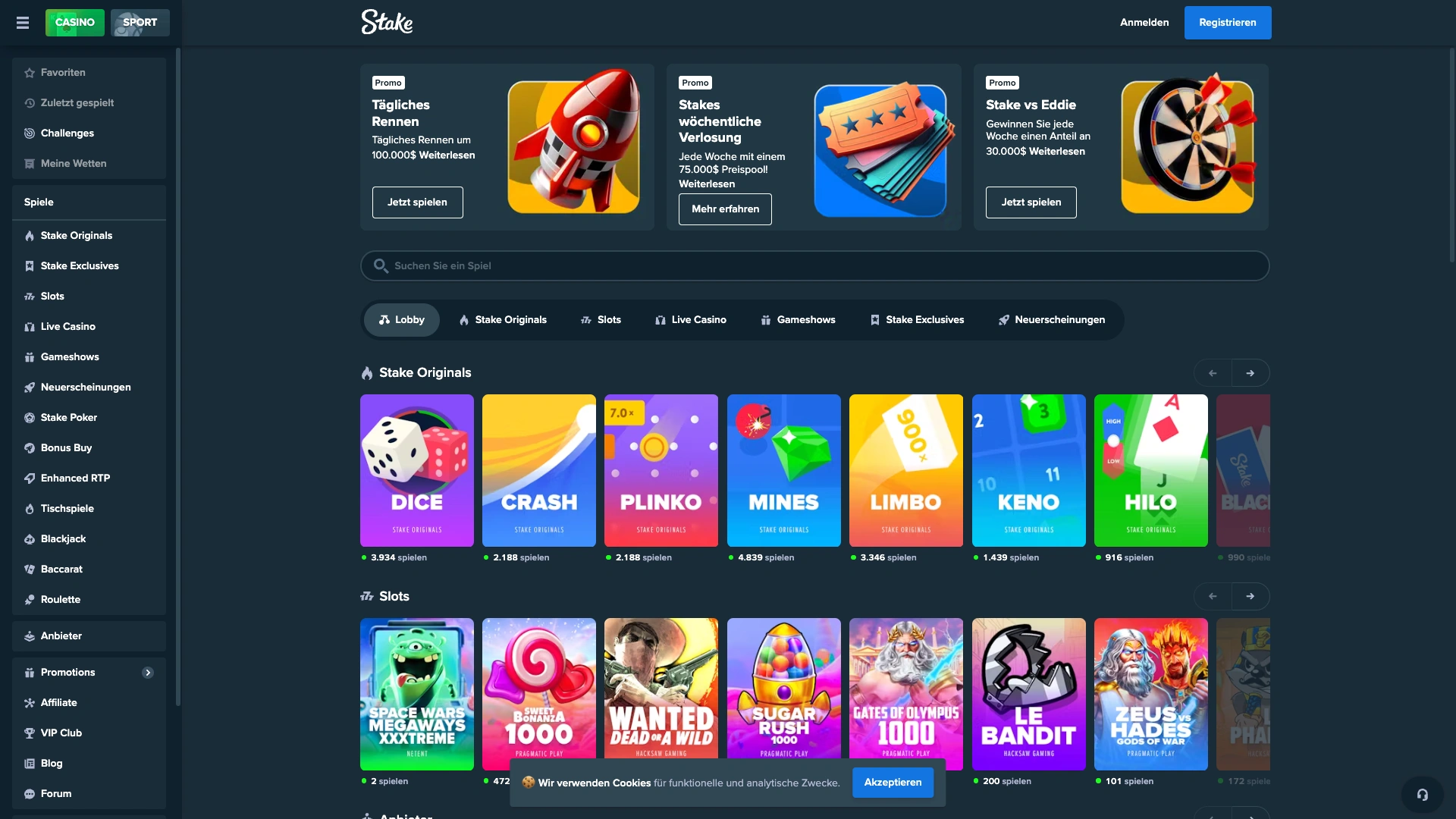 Screenshot der Startseide des Stake.com Casinos.