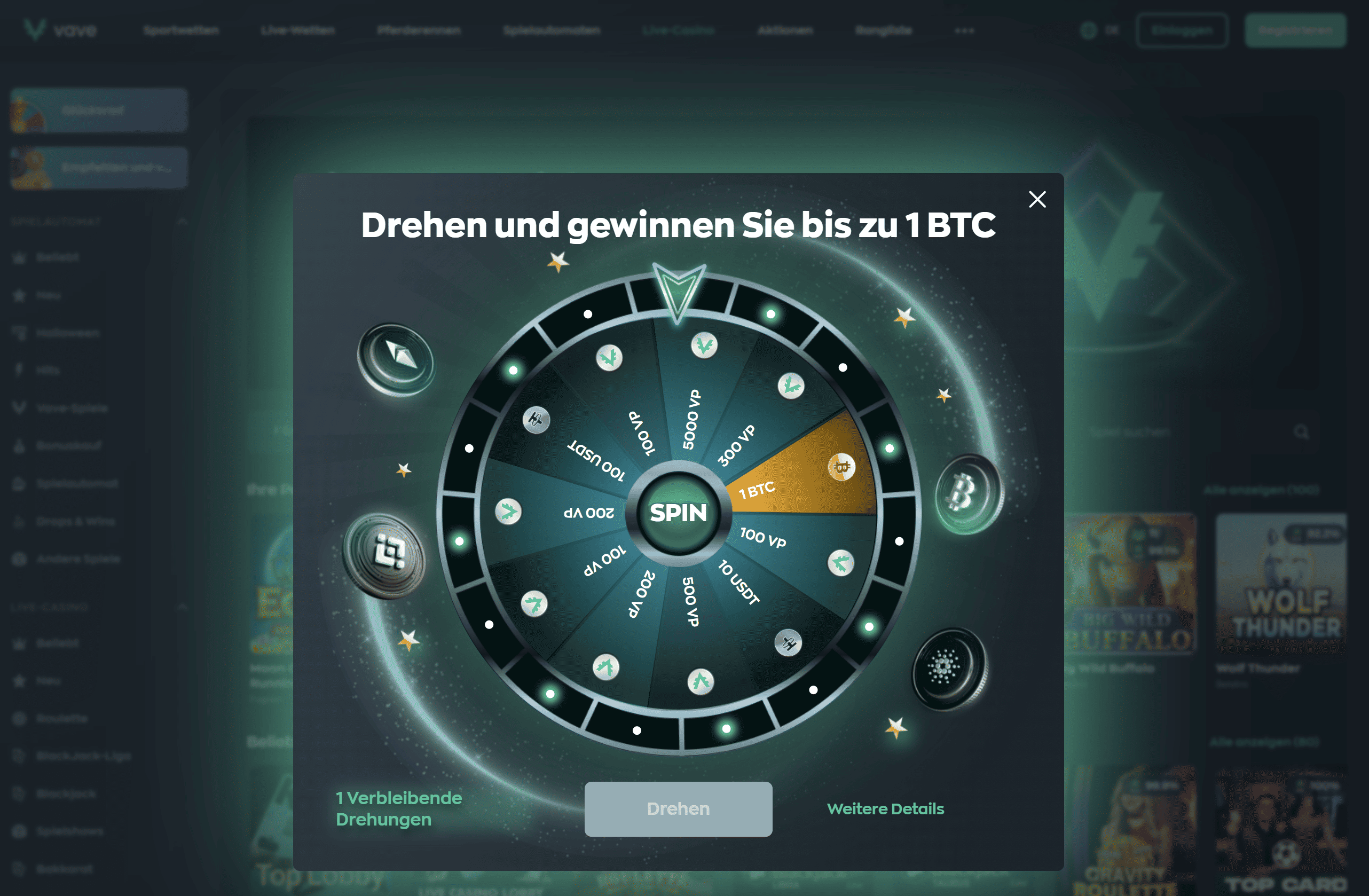 Vave Krypto Casino Glücksrad Screenshot