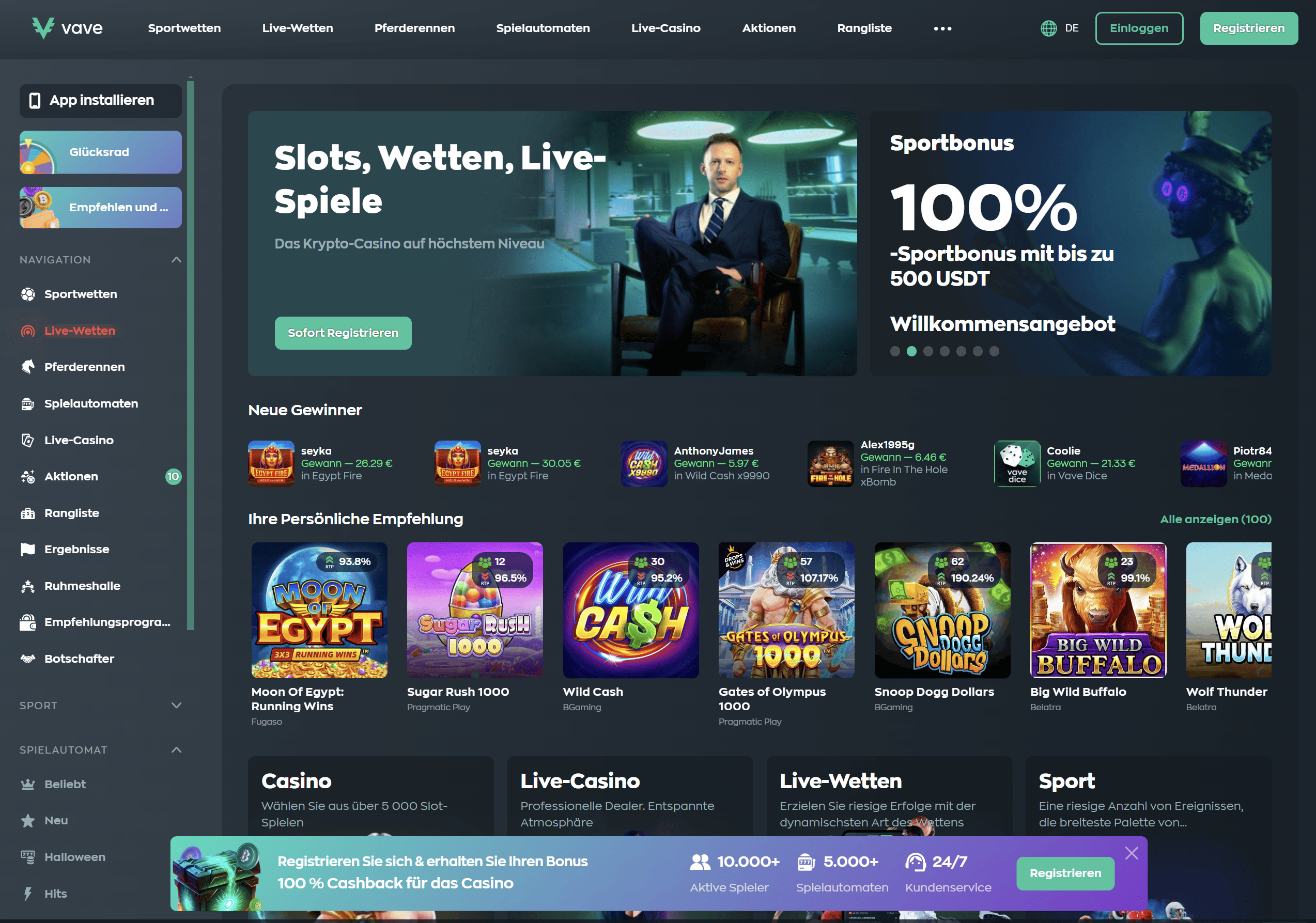 Vave Krypto Casino Home Screenshot