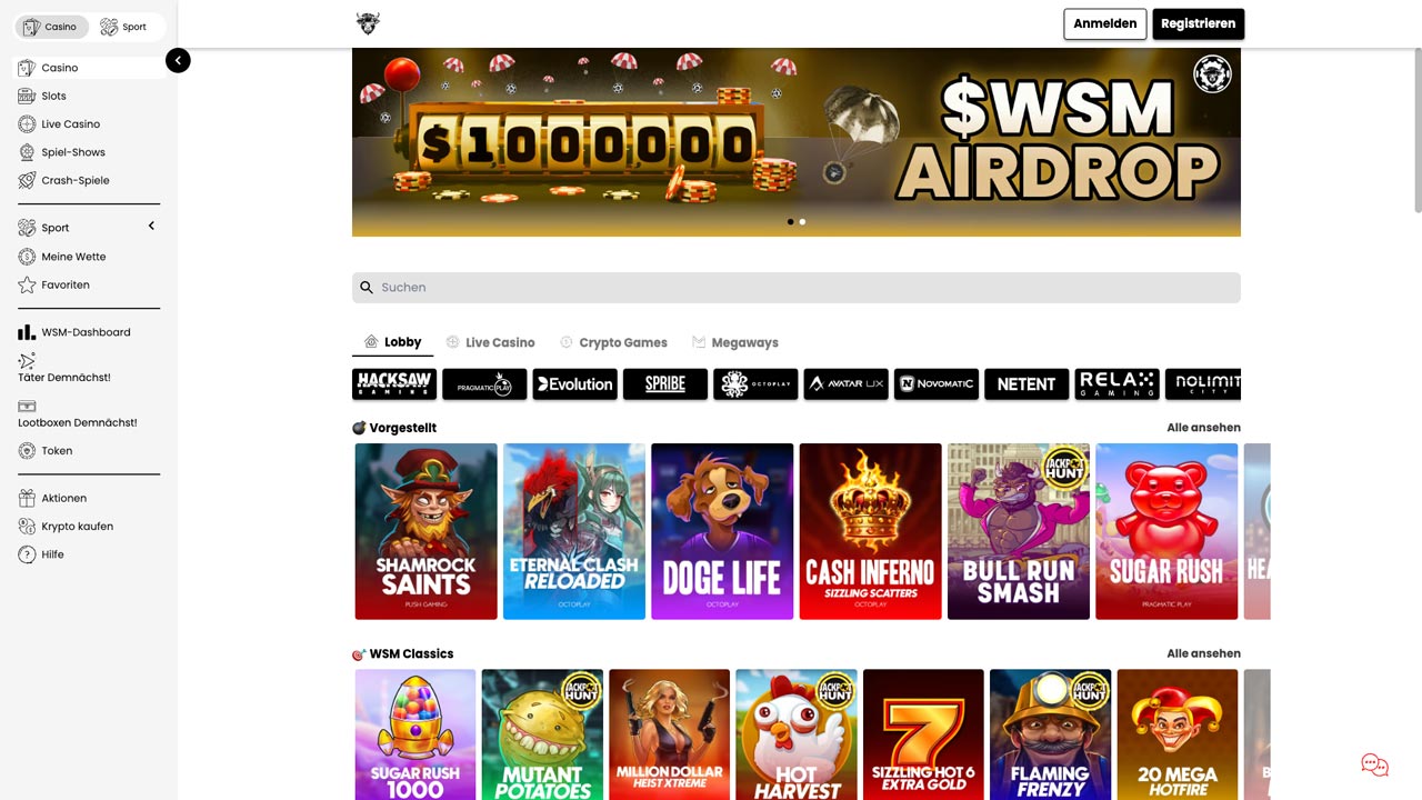 Screenshot der Krypto-Casino Lobby vom Wall Street Memes Casino