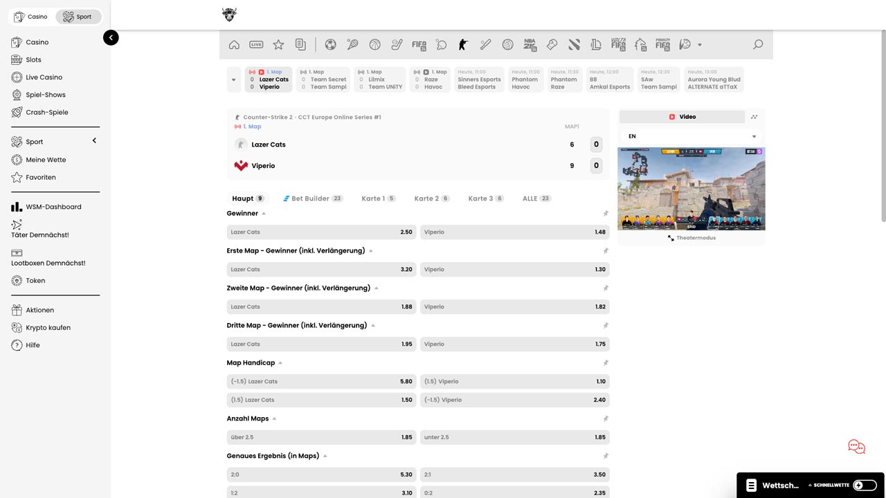 Screenshot der Sportwetten Plattform für ein Live-Spiel von Counter Strike 2.0