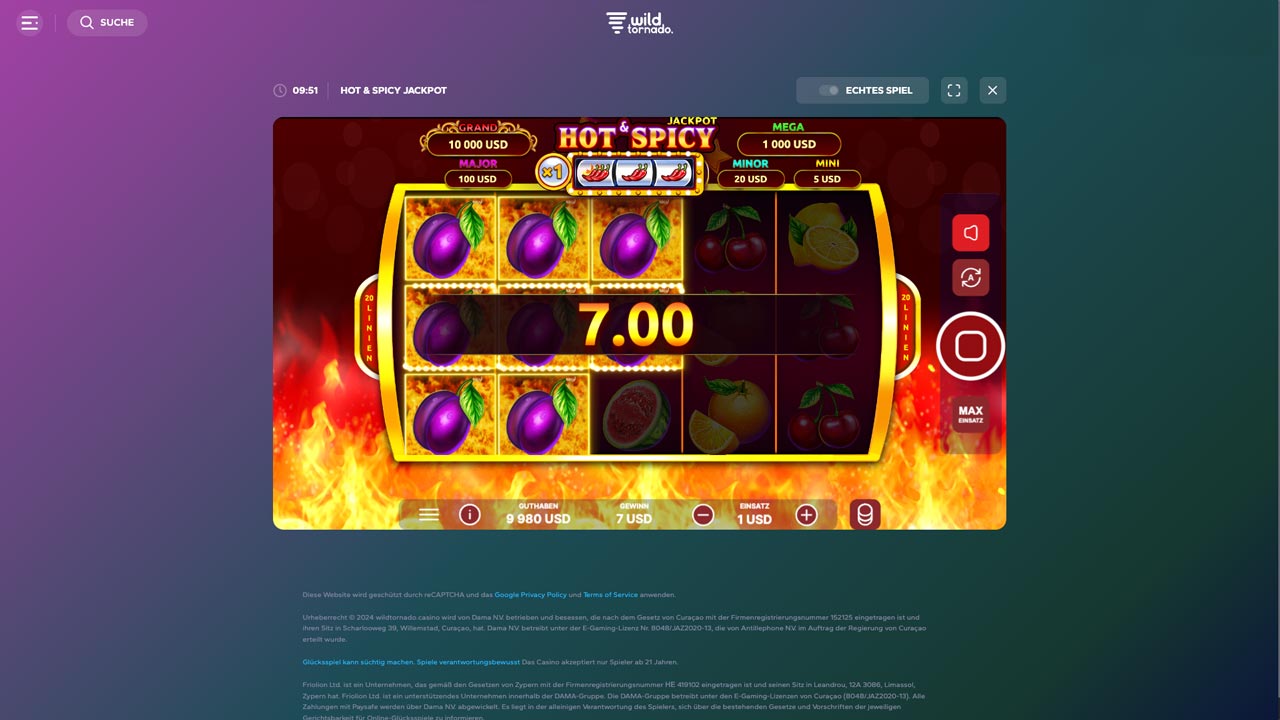 WildTornado Casino Screenshot von Hot & Spicy Slots